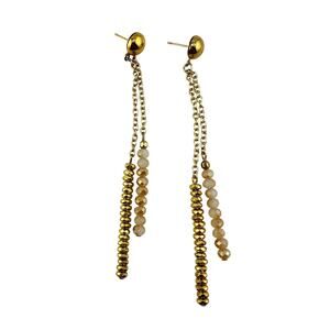 Handmade Gold Tone Blush Pink Fired Glass Beads Glam Dangle Drop 3.75" Earrings